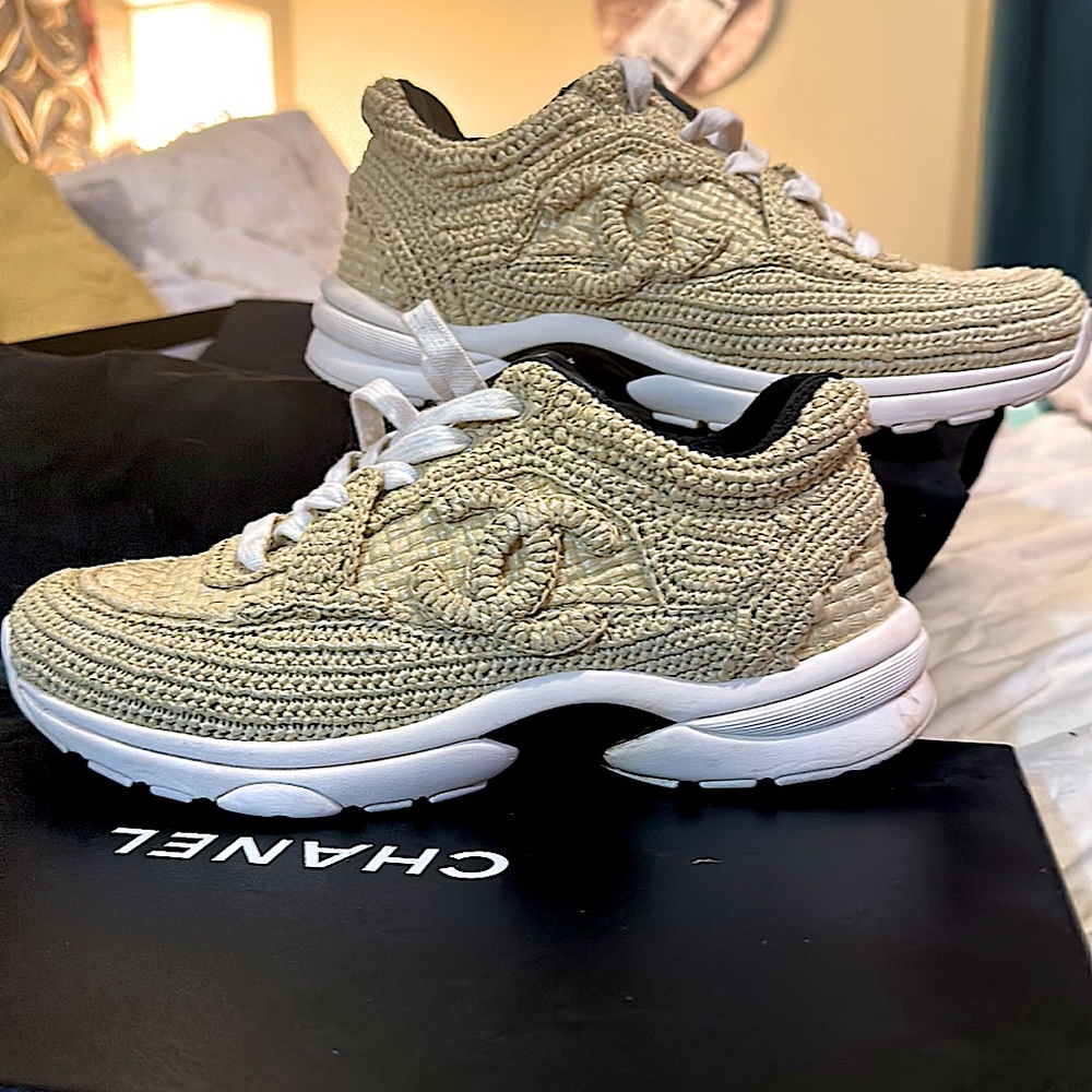 CHANEL Braided Raffia Sneakers - Like New!
